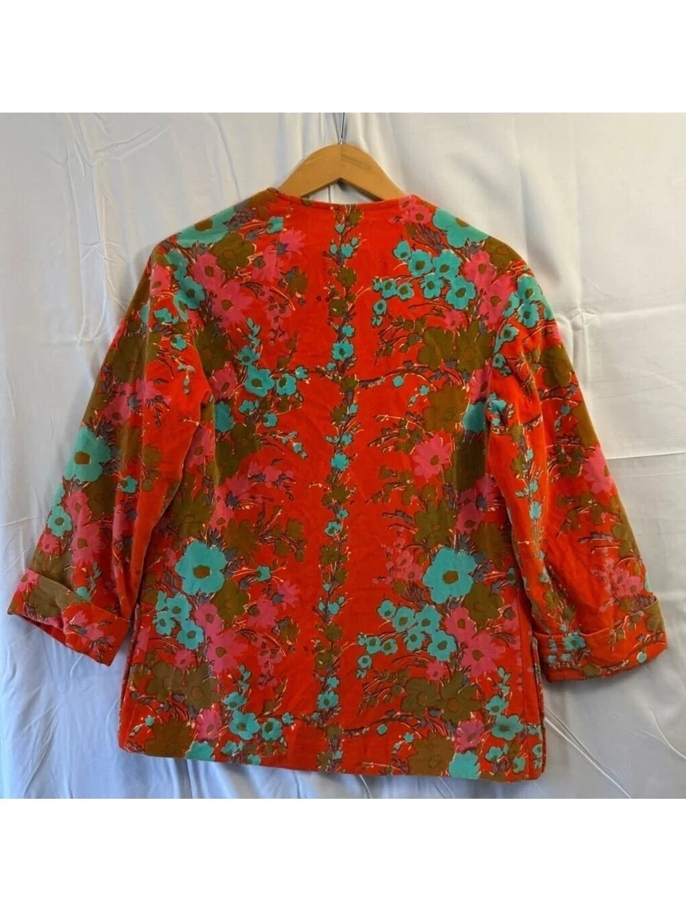 Vintage Floral Velvet Blazer M Red Orange Teal Open Front Pockets